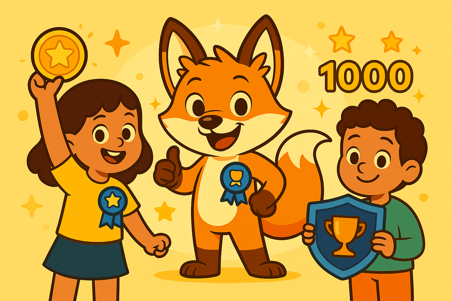 Ilustración de niños celebrando con medallas y puntos